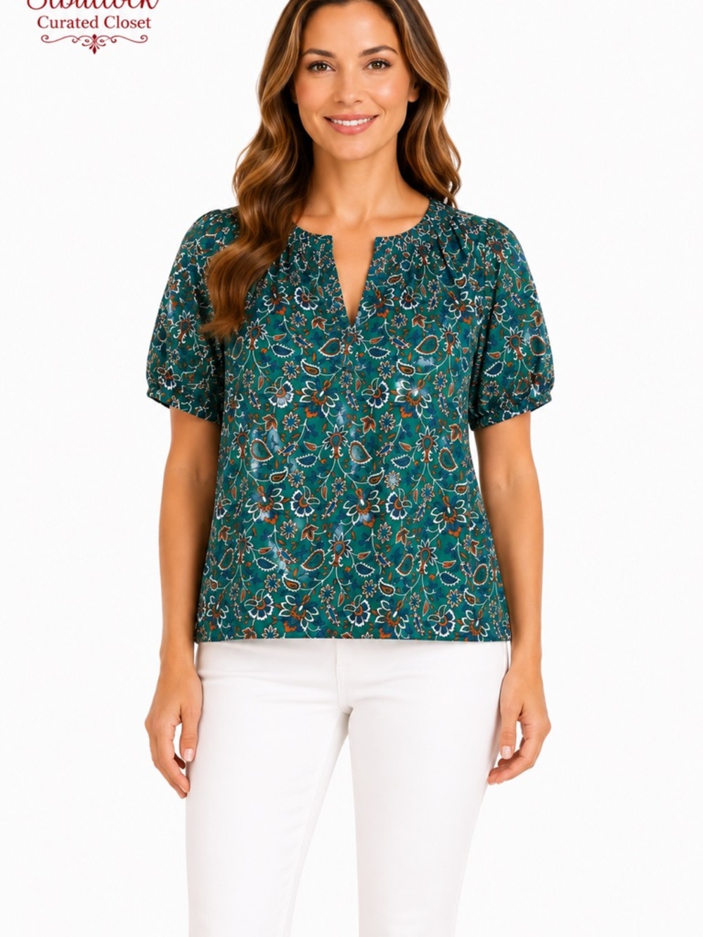 A9 LOFT Floral Mixed Media Blouse XS Green Puff Sleeve Split Neck Top